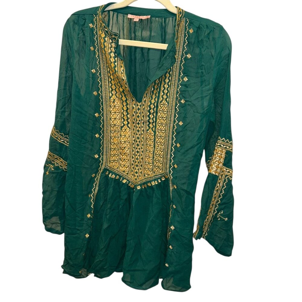 calypso st barth forest green gold metallic embroidered tunic top S SUMMER